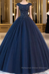 Dark blue round neck tulle lace long Semi Formal Prom Dresses, blue tulle lace evening Dresses
