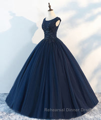 Dark blue round neck tulle lace long Semi Formal Prom Dresses, blue tulle lace evening Dresses