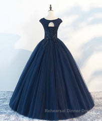 Dark blue round neck tulle lace long Semi Formal Prom Dresses, blue tulle lace evening Dresses