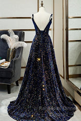 Dark Blue Sequin A Line Spaghetti Straps Bling Bling Semi Formal Prom Dress