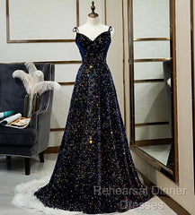 Dark Blue Sequin A Line Spaghetti Straps Bling Bling Semi Formal Prom Dress