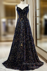 Dark Blue Sequin A Line Spaghetti Straps Bling Bling Semi Formal Prom Dress