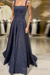 Dark blue sequin long Semi Formal Prom Dresses , blue evening Dresses