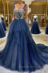 Dark blue tulle lace long Semi Formal Prom Dresses, blue tulle formal Dresses