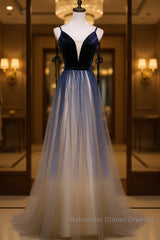 Dark blue tulle long Semi Formal Prom Dresses, blue evening Dresses