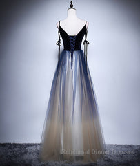 Dark blue tulle long Semi Formal Prom Dresses, blue evening Dresses