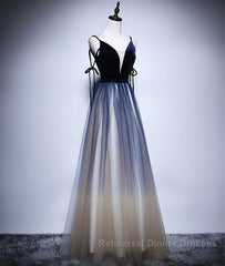 Dark blue tulle long Semi Formal Prom Dresses, blue evening Dresses