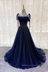 Dark Blue Tulle Sequin Long Semi Formal Prom Dress, Dark Blue Evening Dress