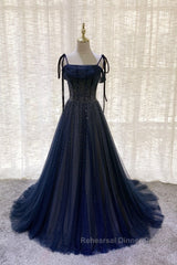Dark Blue Tulle Sequin Long Semi Formal Prom Dress, Dark Blue Evening Dress