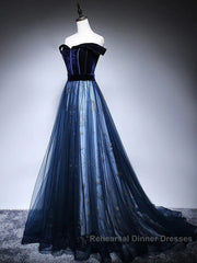 Dark Blue Tulle Velvet Long Semi Formal Prom Dress, Blue Evening Dress