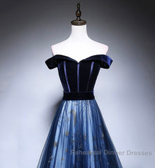Dark Blue Tulle Velvet Long Semi Formal Prom Dress, Blue Evening Dress