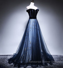 Dark Blue Tulle Velvet Long Semi Formal Prom Dress, Blue Evening Dress