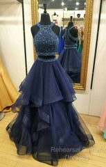 Dark Blue Two Pieces Beads Long Semi Formal Prom Dress, Formal Dress