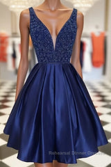 Dark blue v neck beads satin short Semi Formal Prom Dresses, blue homecoming Dresses