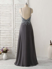 Dark Gray Sequin Beads Long Prom Dress Backless Evening Dress