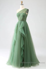 Dark Green A-Line One-Shoulder Sequins Tulle Long Semi Formal Prom Dress