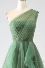 Dark Green A-Line One-Shoulder Sequins Tulle Long Semi Formal Prom Dress