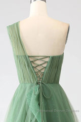 Dark Green A-Line One-Shoulder Sequins Tulle Long Semi Formal Prom Dress