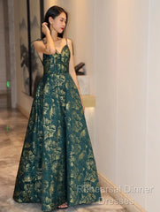 Dark Green A-Line Spaghetti Strap Satin Long Semi Formal Prom Dress Sweetheart Neckline Retro Bridal Dress