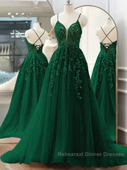 Dark Green A-Line Tulle Lace Long Semi Formal Prom Dress V Neck Lace Formal Evening Dress