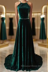 Dark Green Backless Long Semi Formal Prom Dresses, Dark Green Long Formal Evening Bridesmaid Dresses