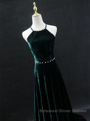 Dark Green Backless Long Semi Formal Prom Dresses, Dark Green Long Formal Evening Bridesmaid Dresses