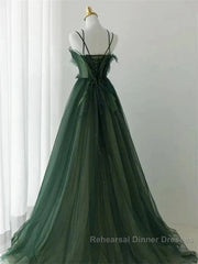 Dark Green Long Beaded A-Line Evening Dress Party Dress Semi Formal Prom Dress Formal Dress December Wedding Guest Dress