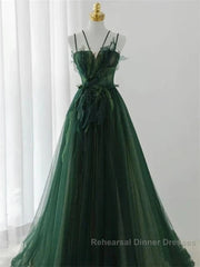 Dark Green Long Beaded A-Line Evening Dress Party Dress Semi Formal Prom Dress Formal Dress December Wedding Guest Dress