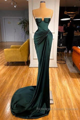Dark Green Mermaid Spaghetti-Straps Satin Long Semi Formal Prom Dress With Beadings