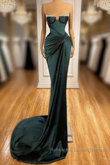 Dark Green Mermaid Spaghetti-Straps Satin Long Semi Formal Prom Dress With Beadings