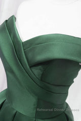 Dark Green Satin Off Shoulder Knee Length Party Dress, Green Homecoming Dress Semi Formal Prom Dress