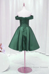 Dark Green Satin Off Shoulder Knee Length Party Dress, Green Homecoming Dress Semi Formal Prom Dress