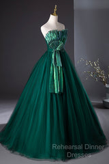 Dark Green Strapless Tulle Long Semi Formal Prom Dress, Beautiful A-Line Formal Evening Dress