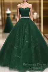 Dark Green Tulle Beaded Long Party Dress, Green Ball Gown Evening Gown