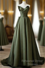 Dark Green V-Neckline Satin Long Semi Formal Prom Dress, Dark Green Party Dress