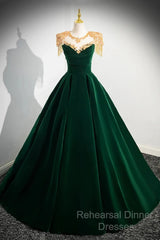 Dark Green Velvet A-Line Long Semi Formal Prom Dress, Dark Green Evening Party Dress