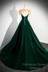 Dark Green Velvet A-Line Long Semi Formal Prom Dress, Dark Green Evening Party Dress