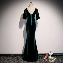 Dark Green Velvet Mermaid Slit V-neckline Formal Dress Party Dress, Long Evening Dresses