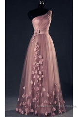 Dark Pink One Shoulder Flowers Tulle Bridesmaid Dresses, A-Line Pink Semi Formal Prom Dresses