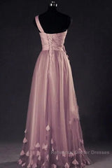 Dark Pink One Shoulder Flowers Tulle Bridesmaid Dresses, A-Line Pink Semi Formal Prom Dresses
