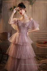 Dark Pink Shiny Tulle Short Sleeves Party Dress, Beaded Pink Tulle Semi Formal Prom Dress