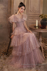 Dark Pink Shiny Tulle Short Sleeves Party Dress, Beaded Pink Tulle Semi Formal Prom Dress