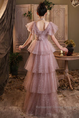 Dark Pink Shiny Tulle Short Sleeves Party Dress, Beaded Pink Tulle Semi Formal Prom Dress