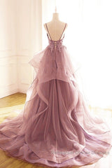 Dark Pink V-Neck Tulle Lace Semi Formal Prom Dress,Spaghetti Strap Semi Formal Prom Dress,Ruffle A Line Formal Dress