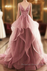 Dark Pink V-Neck Tulle Lace Semi Formal Prom Dress,Spaghetti Strap Semi Formal Prom Dress,Ruffle A Line Formal Dress
