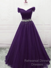 Dark Purple Tulle Long Semi Formal Prom Dresses, Beautiful Junior Semi Formal Prom Dress