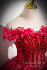 Dark Red Beading Semi Formal Prom Dress With Corset, Off The Shoulder Short Sleeve Floor-Length Party Dress