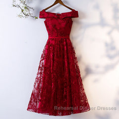 Dark Red Lace Off Shoulder Short Party Dress Formal Dress, Wine Red Homecoming Dresses