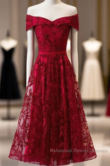 Dark Red Lace Off Shoulder Short Party Dress Formal Dress, Wine Red Homecoming Dresses
