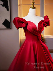 Dark Red Satin Long Semi Formal Prom Dress, Off The Shoulder A-Line Formal Evening Dress